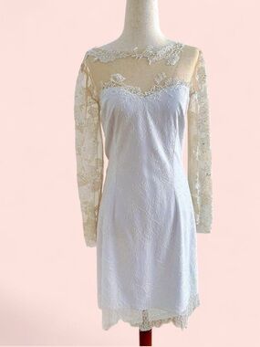 White Lace Dress with tan mesh embroidery